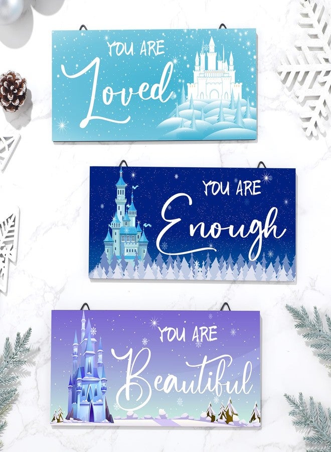RattanView 3 Pcs Winter Wooden Hanging Wall Art Snowflake Positive Quotes Castle Wall Art Prints Blue Inspirational Word Sign Decors Gift for Bedroom Women Room Bathroom (9.84 x 3.94 Inch) - Image 1